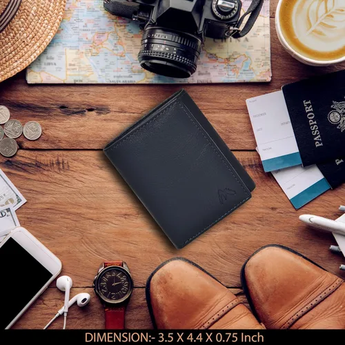 Vista 5 de Cartera de cuero RFID hecha a mano para hombres, elegante cartera de bolsillo frontal triple con 2 ranuras para identificación y 9 tarjetas, Azul