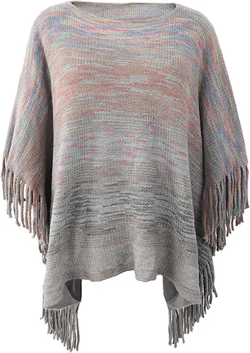 Vista 4 de Suéter tipo capa para mujer, a la moda, con flecos, manga murciélago, ajuste relajado, cuello barco, suéter de punto casual
