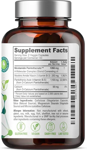 Vista 7 de biophix Pantotenato de nicotinamida B-3 1350 mg 120 Vcaps - Clear Skin Series B5 Ácido pantoténico Natural Flush-Free Nicotinic Amide Niacina