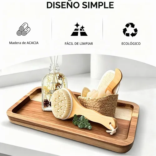 Vista 3 de Bandeja de baño para mostrador, bandeja de madera para baño, tanque de inodoro, perfume 11.8 pulgadas de largo x 5.9 pulgadas de ancho x 0.8 Acacia