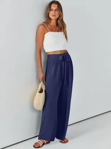 Vista 8 de Caracilia Pantalones palazzo de pierna ancha para mujer, de cintura alta, ajustables, con lazo, holgados, informales, con bolsillos