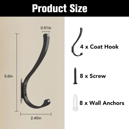 Vista 2 de Dntorx Paquete de 4 ganchos de pared, ganchos negros grandes de 5.6 pulgadas, ganchos negros de montaje en pared, ganchos de metal para toallas
