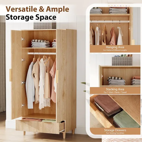 Vista 4 de VINGLI Armario Ropero Acanalado con Puertas y Cajones, Gabinete Armario con Barra para Colgar, Armario de Dormitorio de Madera de Roble, Armario