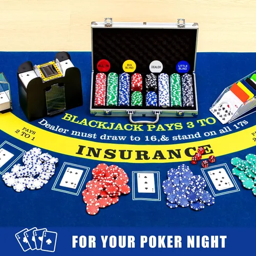 Vista 5 de Aoriher Juego de Casino de Blackjack, incluye 300 fichas de póquer, fieltro de casino, 1 barajador automático de cartas, zapato repartidor de 6