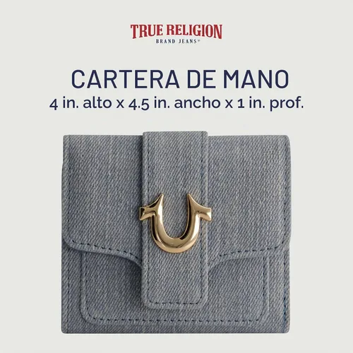 Vista 7 de True Religion Women's Mini Wallet, Horseshoe Logo Small Compact Trifold Clutch Purse Mezclilla clara