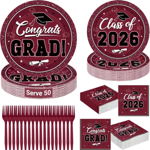 Vista 15 de QZYL 200 suministros para fiesta de graduación 2026, platos y servilletas de graduación negros y dorados, platos de postre desechables y tenedores