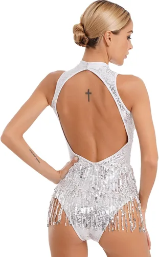 Vista 4 de winying Leotardo de baile de jazz latino con borlas de lentejuelas brillantes para mujer