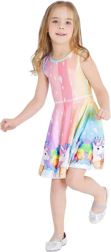 Vista 3 de LaBeca - Vestido sin mangas o de manga larga para niñas, vestidos informales con diseño de unicornio o sirena para niñas pequeñas o grandes