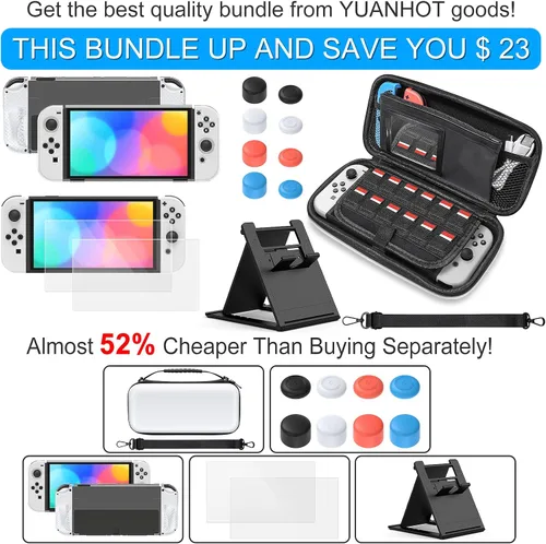 Vista 2 de YUANHOT Paquete de accesorios compatible con Switch OLED que incluye bolsa de transporte, funda protectora, protector de pantalla de vidrio