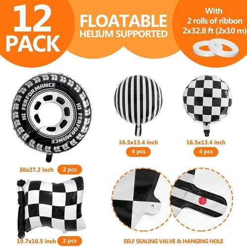 Vista 7 de 12 globos de aluminio de automóvil de carreras blanco y negro, globos a cuadros con bandera a cuadros y globos de neumáticos de rueda caliente