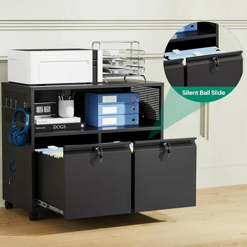 Vista 7 de Letaya Archivador móvil de 2 cajones con cerradura, soporte lateral de metal para impresora, gabinetes de almacenamiento de archivos con estantes