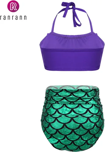 Vista 2 de Traje de baño de sirena para niños y niñas, 2 piezas, con parte inferior escalada, traje de baño de playa