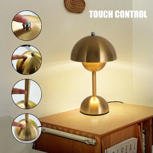 Vista 2 de Lámpara de mesa con control táctil, lámpara de seta dorada regulable, luz nocturna para dormitorio, sala de estar, estudio, cafetería, oficina, luz