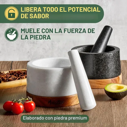 Vista 4 de MarcZero Juego de mortero y pilón grande de 15 cm con base de madera antiarañazos, mortero y pilón resistentes hechos de mármol natural (blanco)