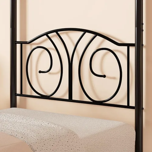 Vista 4 de VECELO - Marco de cama con dosel doble, cabecera vintage con voluta, color negro mate Twin canopy bed frame, Scrollwork metal headboard, Sturdy