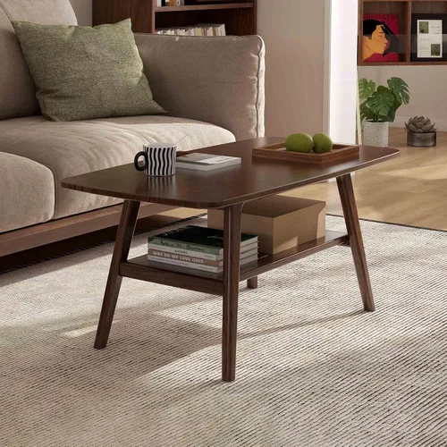Vista 8 de Mesa de centro pequeña para sala de estar, mesas pequeñas modernas de 2 niveles de mediados de siglo con almacenamiento en estantes, mesa de centro