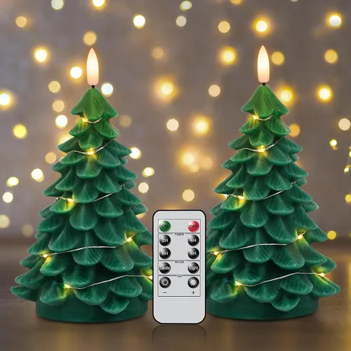 Vista 11 de Velas de Cristal sin Llama de Árbol de Navidad con Control Remoto Temporizador Operadas con Batería Cera Real Mecha 3D LED Parpadeantes Velas