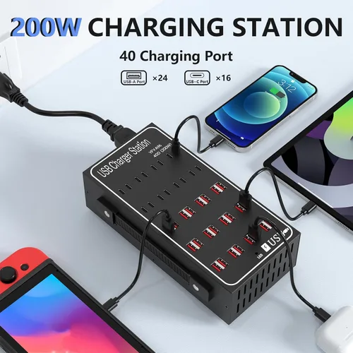 Vista 2 de Estación de Carga USB Múltiple, RUANSZZ 40 Puertos 200 Vatios (40A) Bloque Cargador USB-C con Interruptor de Alimentación, Estación de Carga