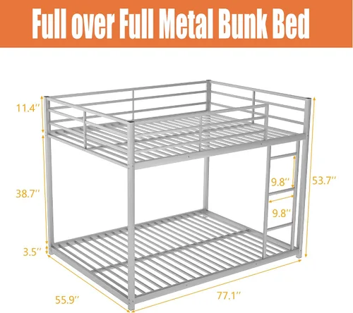 Vista 2 de Literas de metal de tamaño matrimonial sobre matrimonial, litera baja de metal con escalera para niños, adolescentes y adultos, marco de cama