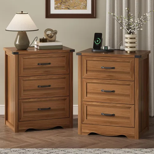 Vista 15 de Mesita de noche con 3 cajones, mesa auxiliar de 61 cm de ancho estilo granja, mesa de noche de madera rústica con asa metálica, cómoda moderna