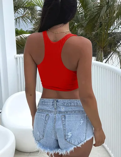 Vista 3 de Kaximil Camiseta corta sin mangas básica para mujer, sexy, espalda cruzada, de doble capa