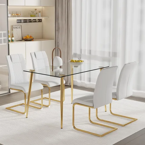 Vista 14 de Juego de mesa de comedor para 4, 5 piezas, juego de mesa de comedor de terciopelo moderno, mesa rectangular de vidrio templado para cocina, bar