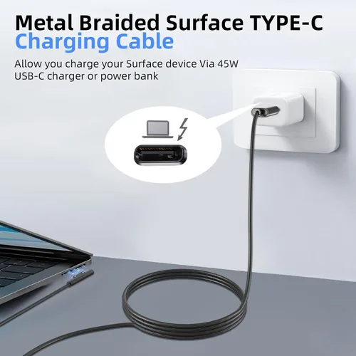 Vista 7 de P45W 15V 3A Compatible con Microsoft Surface Pro 3/5/6/7Go3/2/1 Laptop 4/3/2/1 Tipo-C a Surface Cable Trenzado de Nylon Fuente de Alimentación