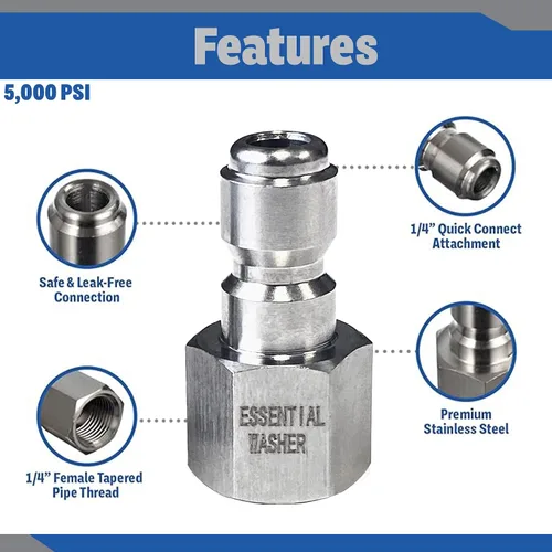 Vista 3 de Essential Washer Enchufe hembra NPT de 1/4 pulgadas de acero inoxidable Accesorios de conexión rápida para lavadora a presión 5000 PSI Juego