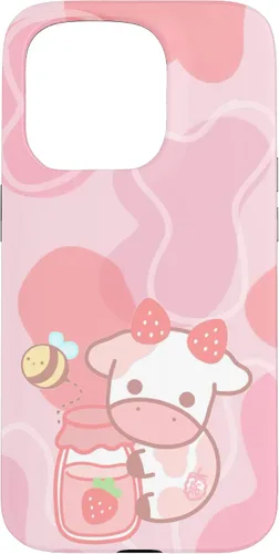 Vista 14 de Funda Kawaii para iPhone 12, diseño de vaca fresa, color rosa