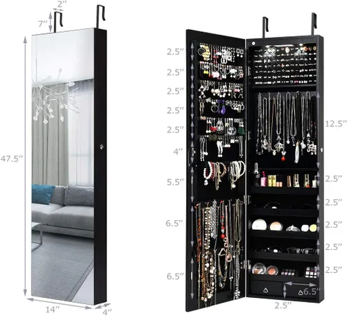 Vista 7 de Giantex Armario de joyería para puerta de pared con espejo de longitud completa 2 LED con cerradura grande organizador de joyas con espejo ancho
