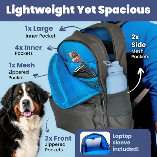 Vista 3 de The Original Doggy Bag Backpack (gris oscuro) – Mochila de viaje para perros con 2 cuencos plegables, bolsa de golosinas, contenedor de alimentos