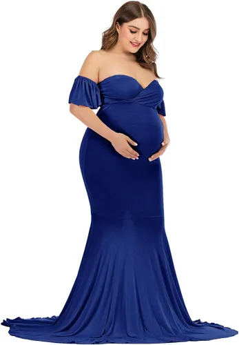 Vista 5 de ZIUMUDY Vestido de maternidad con hombros descubiertos y elegante para sesión de fotos, vestido de sirena envolvente para baby shower
