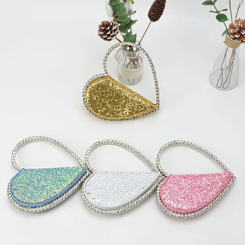 Vista 7 de Mini corazón forma redonda Rhinestone embrague bolso bolso marco diamante brillo lentejuelas brillantes bolso de noche boda fiesta