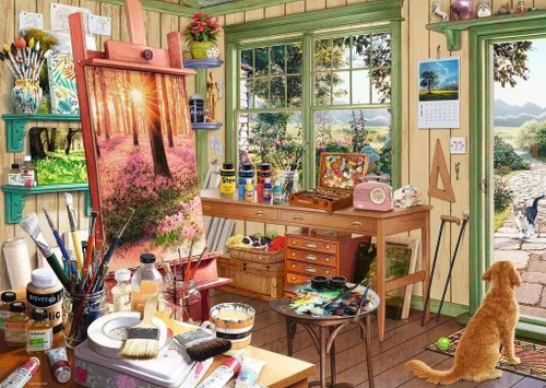 Vista 2 de Ravensburger My Haven Artist's Shed - Rompecabezas de 1000 piezas Imágenes relajantes Cada pieza única con tecnología Softclick Blueboard