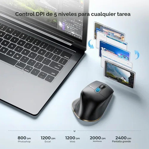 Vista 4 de iClever Ratón inalámbrico con Bluetooth o receptor USB, 5 niveles de DPI ajustables hasta 2400DPI, ratón recargable para computadora, ratón Negro-oro