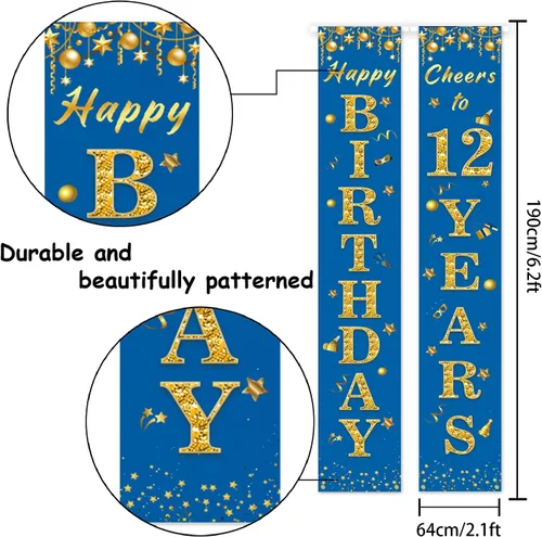 Vista 2 de Cartel de feliz cumpleaños número 12 para porche, decoración azul – Decoración temática de fiesta de bienvenida a los 12 años para niños y niñas