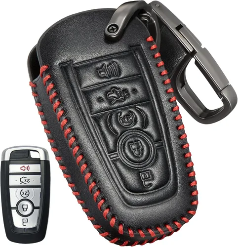 Vista 9 de Slohif Funda de cuero para llavero Ford para Edge Escape Expedition Explorer Fusion Mustang Ranger F-150 F-250 5 botones, funda de cuero+anillo en D