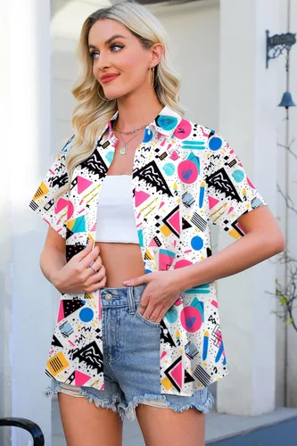 Vista 4 de Trajes de los años 80 para mujer, camisa de neón de los años 80 y 90, camisa retro para fiesta temática de discoteca, camisa hawaiana con botones