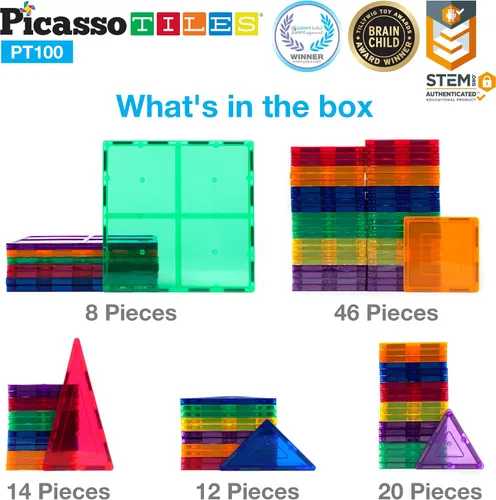 Vista 7 de PicassoTiles Figuras magnéticas + 100 azulejos magnéticos + 2 camiones de automóvil, juego de expansión de imán de acción de personajes de 8 piezas
