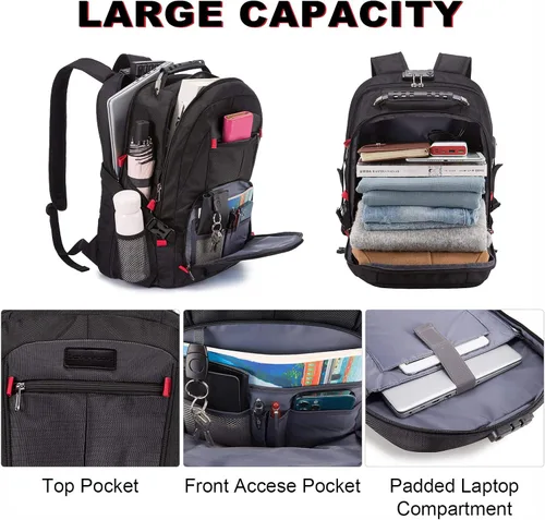Vista 3 de Mochila grande de viaje y para laptop, es impermeable, antirrobo, con cerradura y puerto de carga USB, para negocios, hombres, mujeres, escuela