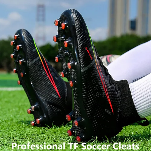 Vista 8 de HHY Botines de fútbol para hombre, zapatos de fútbol de caña alta, antideslizantes, para interiores y exteriores, césped firme, botas de combate