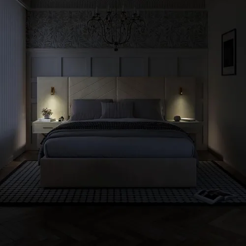 Vista 3 de DEINPPA Base de cama Queen de lujo con luces LED doradas integradas y mesitas de noche, cama de plataforma tamaño Queen con cabecera tapizada