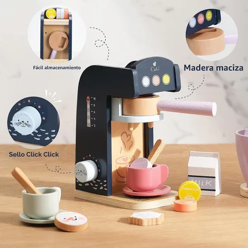 Vista 6 de PairPear - Cafetera de madera para niños, accesorios de cocina 15 piezas de juguetes de cocina de madera para alimentos, cafetera para niños