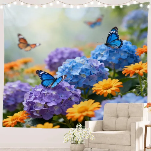 Vista 42 de Batmerry Peaceful Retreat Beautiful Landscape Polyester Tapestry, Blooming Garden Setting Lightweight Wall Hanging High-Definition Print Backdrop