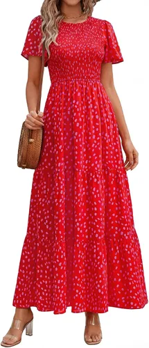 Vista 13 de PRETTYGARDEN - Vestido largo casual de verano para mujer, manga corta acampanada, bohemio, floral, cuello redondo, vestido blusón, escalonado