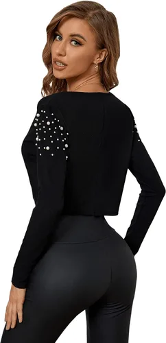 Vista 2 de SweatyRocks Elegante suéter de manga larga con cuentas y frente abierto para mujer