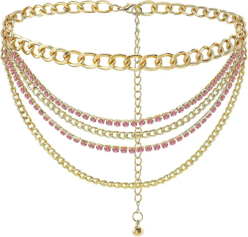 Vista 8 de Suyi Cinturón de cadena multicapa Cinturones de cadena de metal con diamantes de imitación para mujer Cadena de cintura dorada punk Dorado