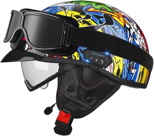 Vista 8 de Casco de cara abierta con Bluetooth para hombres y mujeres, casco retro de estilo alemán con diseño de calavera, visera con gafas, casco de media