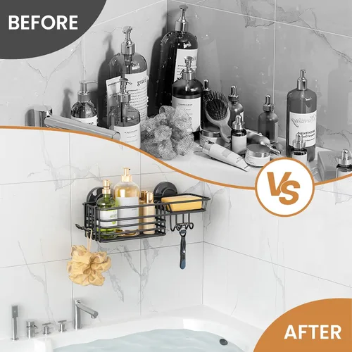 Vista 5 de LEVERLOC Cesta de ducha con ventosa, cesta de ducha con ganchos y jabonera para baño, organizador de ducha para baño sin necesidad de taladrar