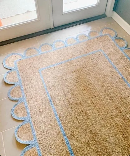 Vista 2 de Manvi Exports - Alfombra festoneada de yute natural turquesa, alfombra bohemia decorativa tejida a mano, alfombra decorativa personalizada (TUR)